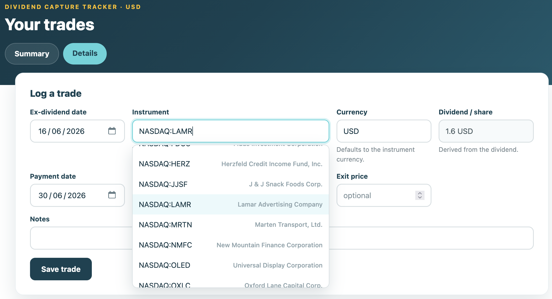 Logging a trade: pick the ex-dividend date, choose the instrument, enter shares and prices.